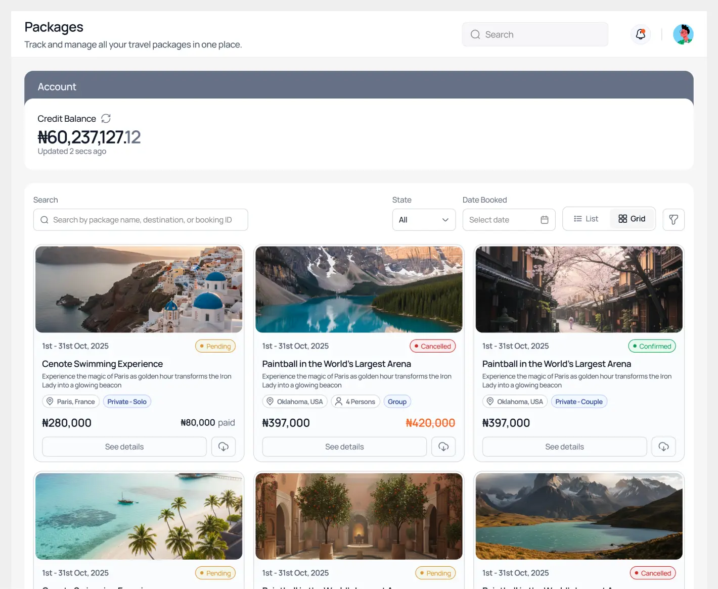 The retail packages dashboard, showing an account balance above a grid of holiday package cards.