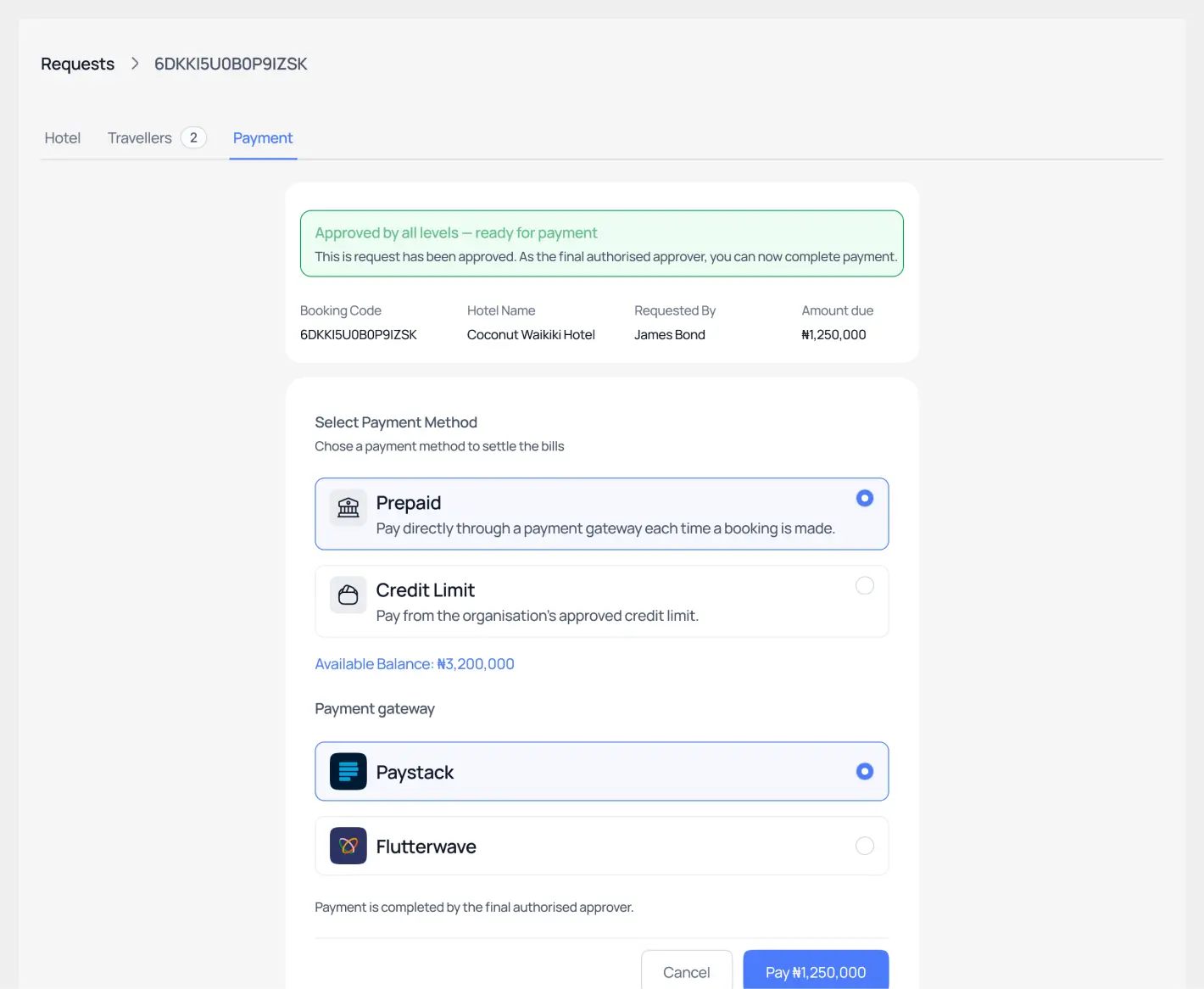 The payment step, offering prepaid balance, credit limit, Paystack and Flutterwave.