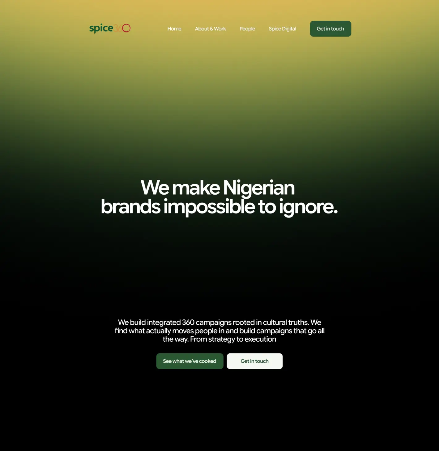 Spice360 home page, headed “We make Nigerian brands impossible to ignore” on a green gradient.