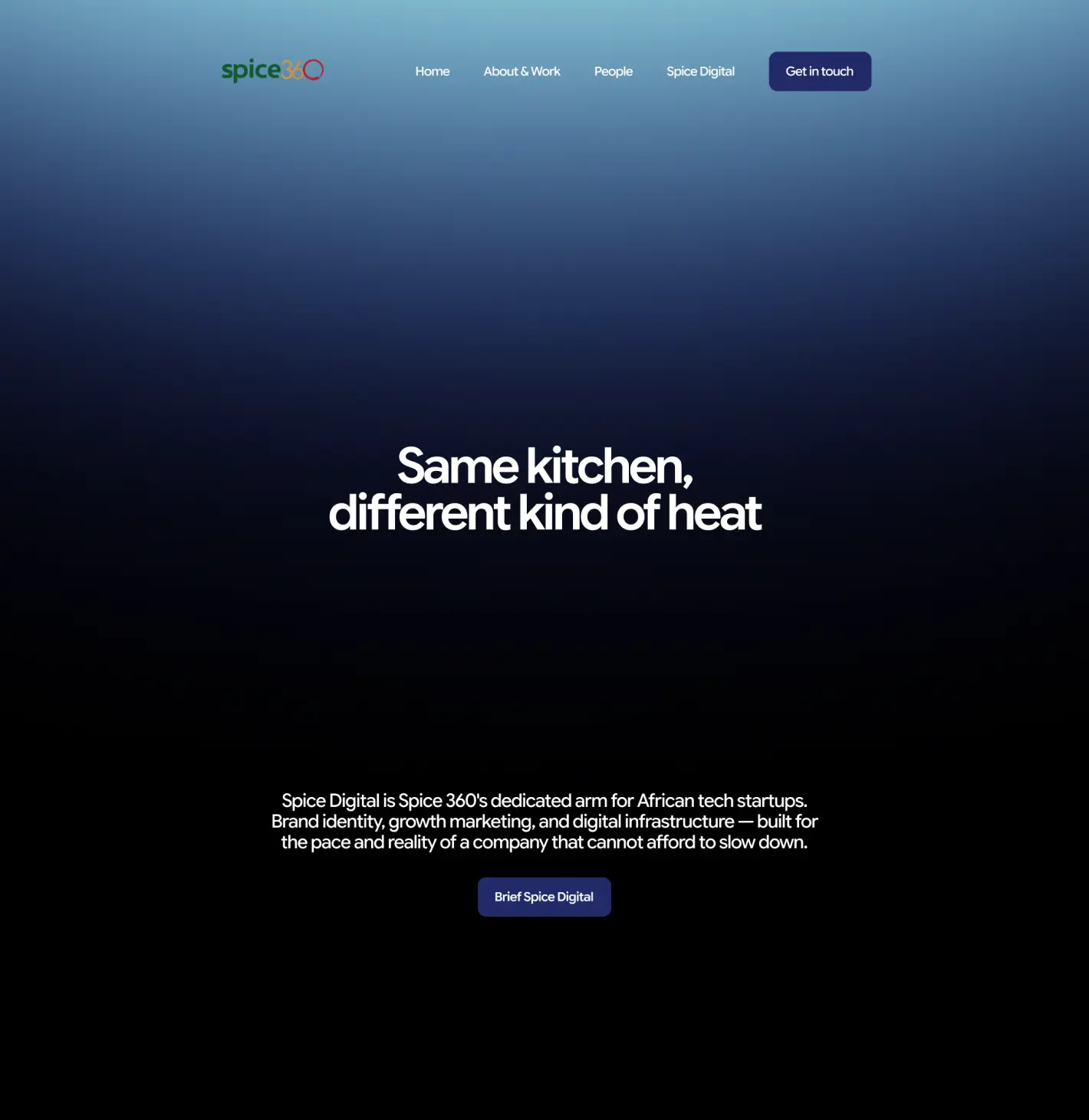 The Spice Digital sub-brand page, headed “Same kitchen, different kind of heat”, on deep navy.